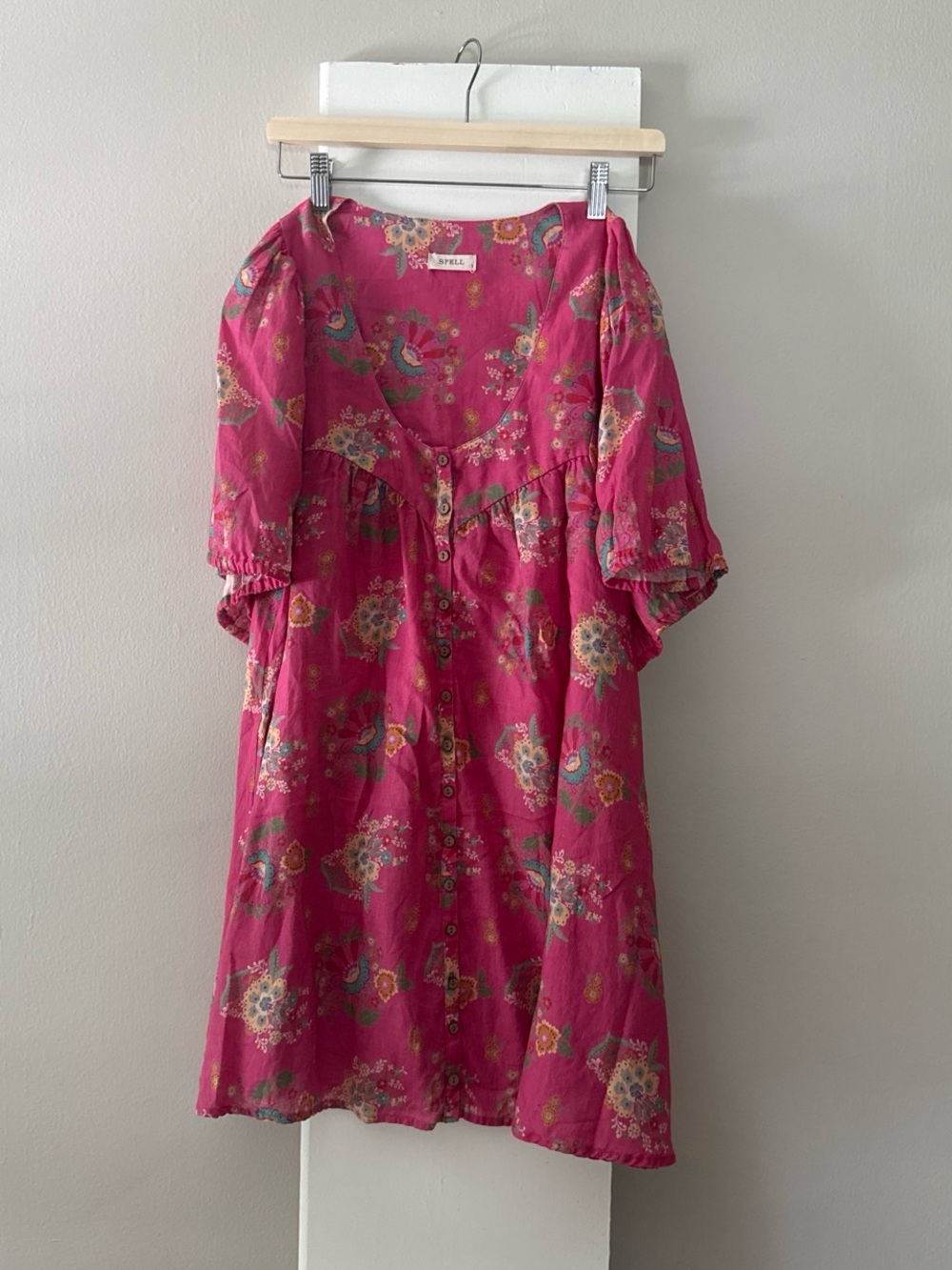 Spell Pink Floral Button-Front mini dress 100% linen